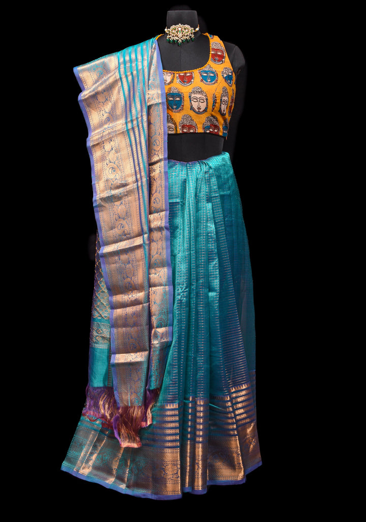 Handwoven Mangalagiri Silk Cotton Saree in Azure Blue with Zari Checks and Wide Zari Border