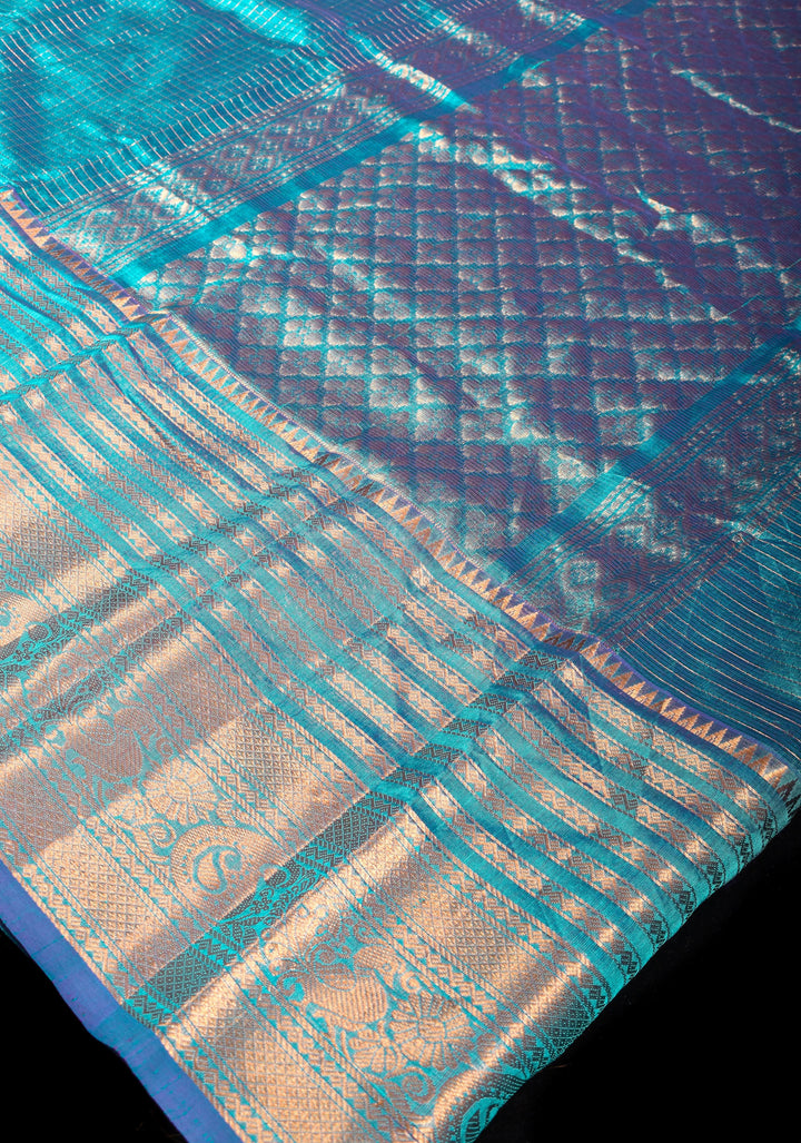 Handwoven Mangalagiri Silk Cotton Saree in Azure Blue with Zari Checks and Wide Zari Border