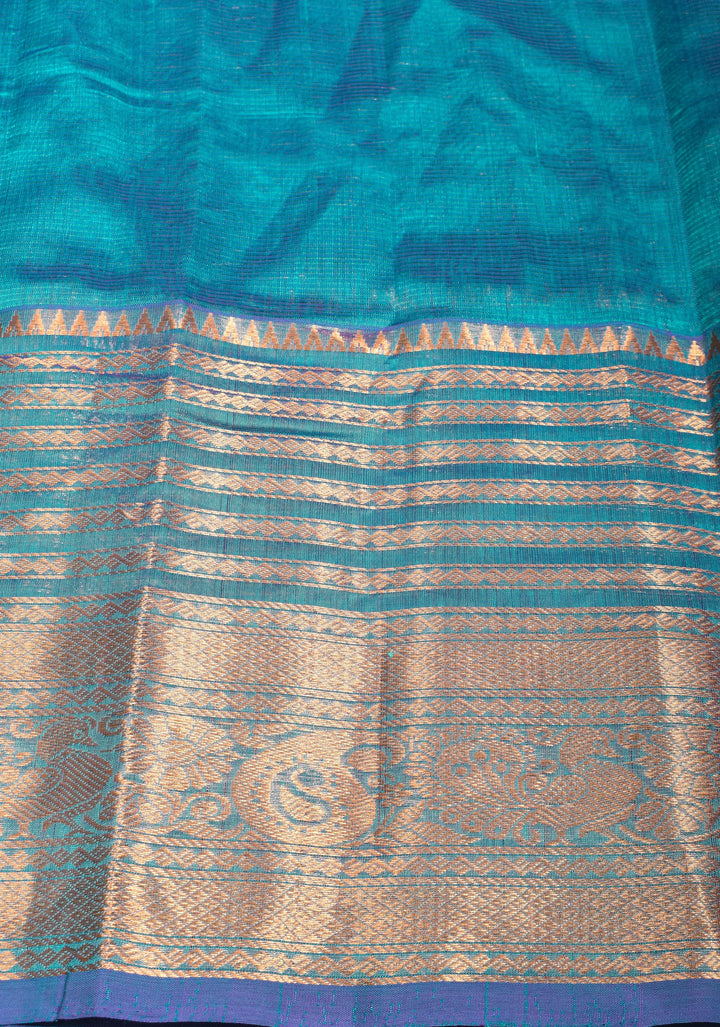 Handwoven Mangalagiri Silk Cotton Saree in Azure Blue with Zari Checks and Wide Zari Border
