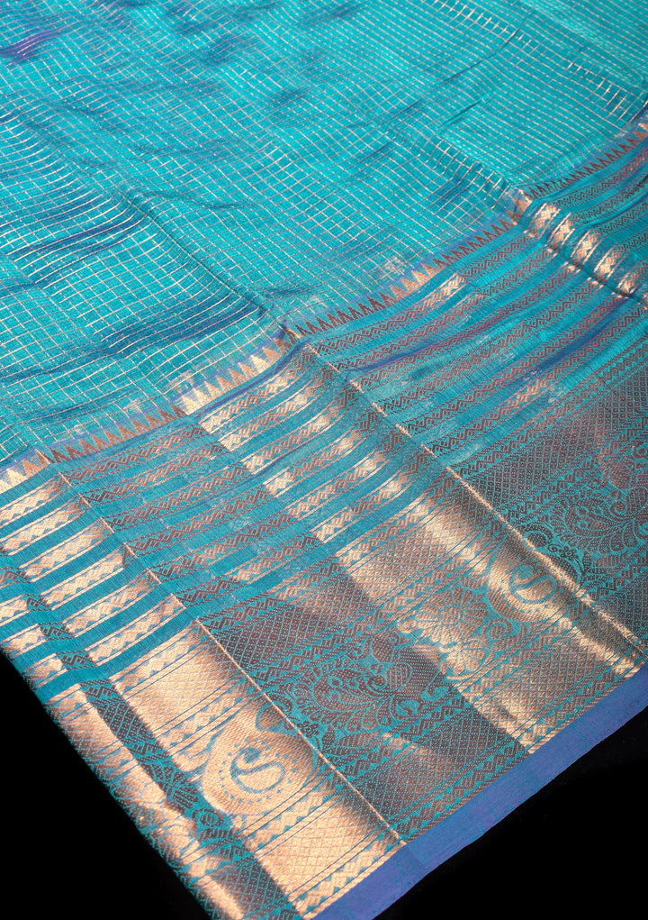 Handwoven Mangalagiri Silk Cotton Saree in Azure Blue with Zari Checks and Wide Zari Border