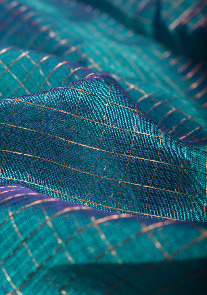 Handwoven Mangalagiri Silk Cotton Saree in Azure Blue with Zari Checks and Wide Zari Border