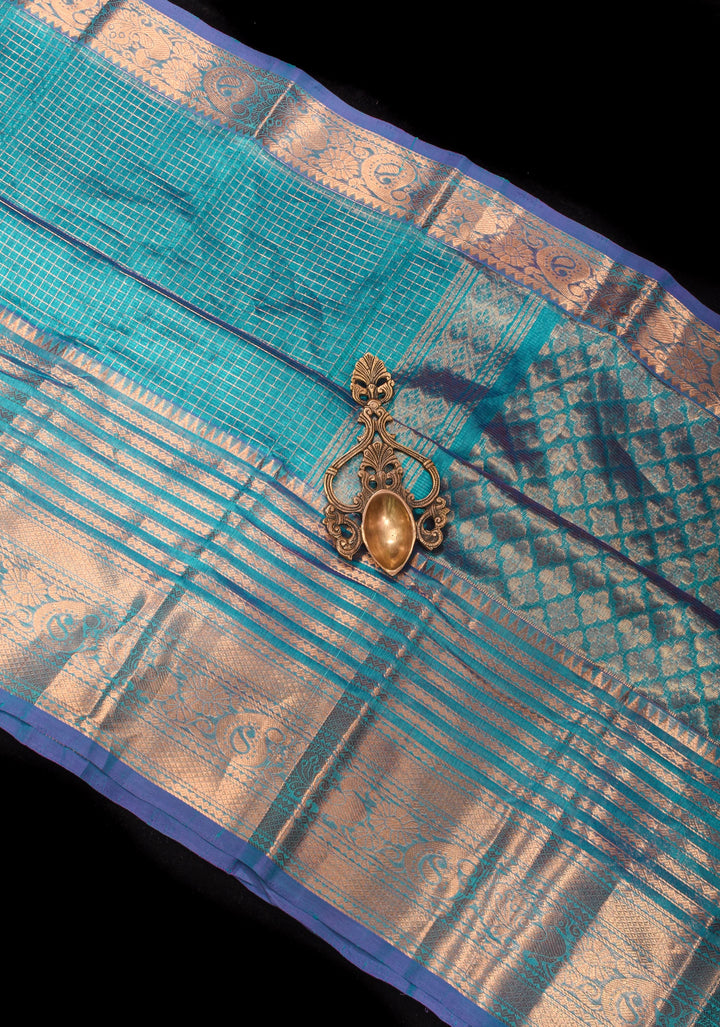 Handwoven Mangalagiri Silk Cotton Saree in Azure Blue with Zari Checks and Wide Zari Border