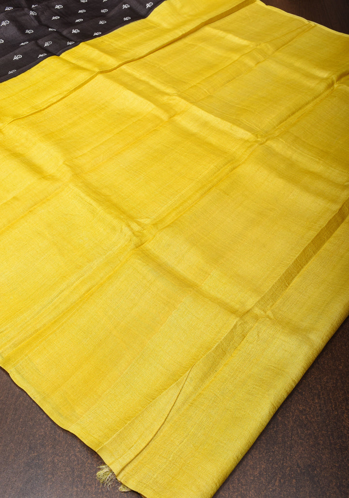 Lightweight Tussar Silk Saree in Black with Floral Buttis and Contrast Border | SILK MARK CERTIFIED