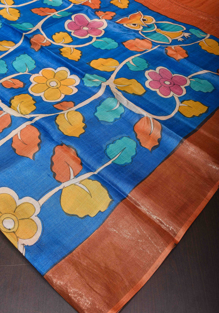 Blue Jari Tussar Saree with Kalamkari Hand Painted Kalamakri Floral Design | SILK MARK CERTIFIED