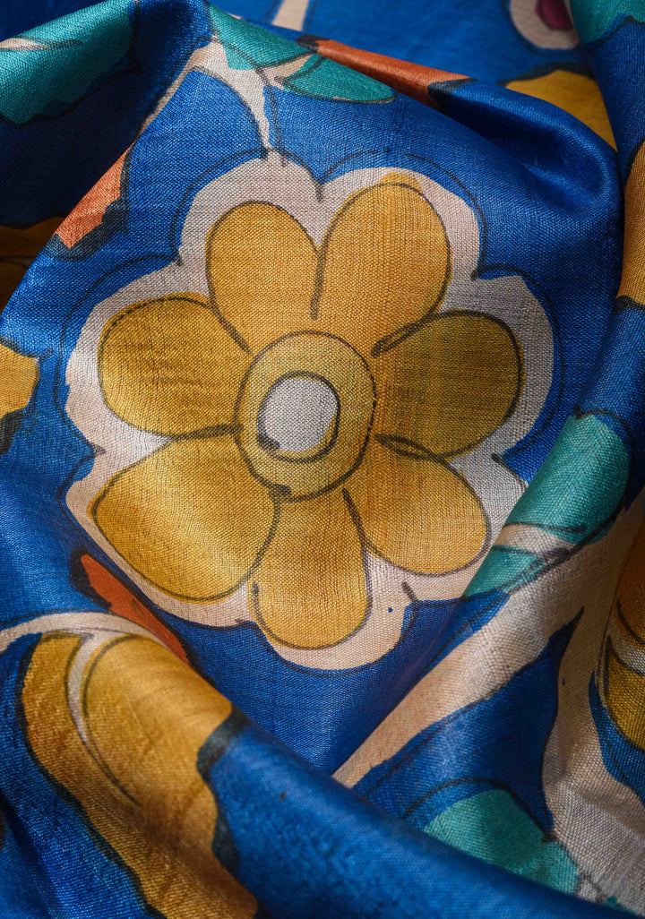 Blue Jari Tussar Saree with Kalamkari Hand Painted Kalamakri Floral Design | SILK MARK CERTIFIED