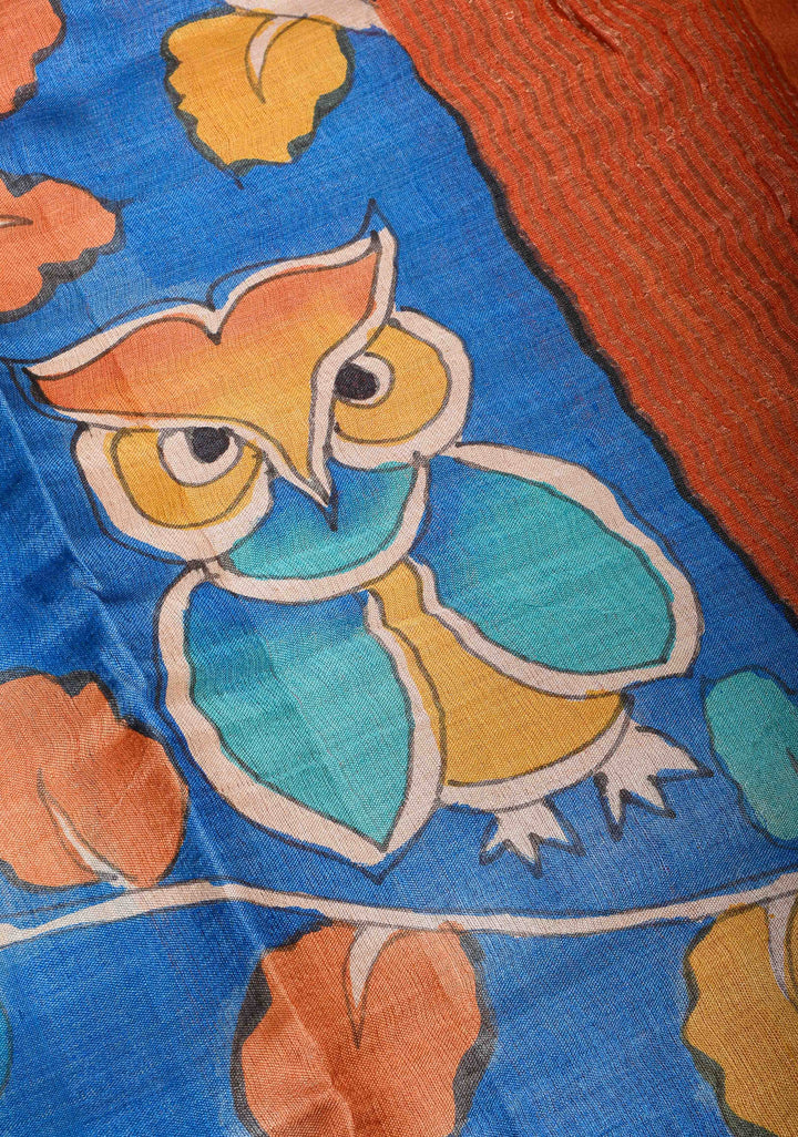 Blue Jari Tussar Saree with Kalamkari Hand Painted Kalamakri Floral Design | SILK MARK CERTIFIED