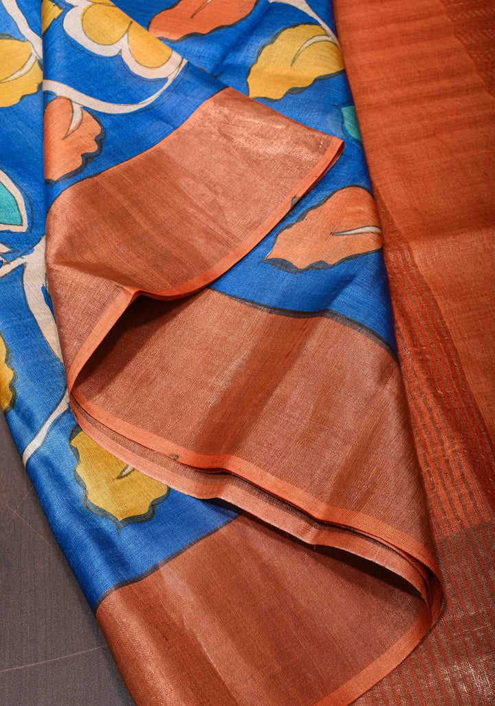Blue Jari Tussar Saree with Kalamkari Hand Painted Kalamakri Floral Design | SILK MARK CERTIFIED