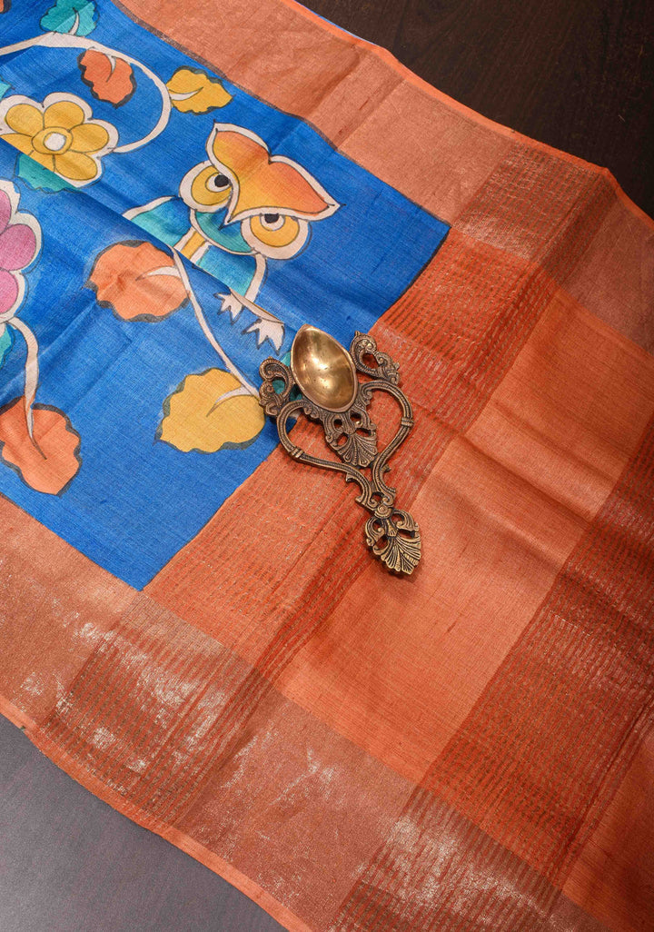 Blue Jari Tussar Saree with Kalamkari Hand Painted Kalamakri Floral Design | SILK MARK CERTIFIED