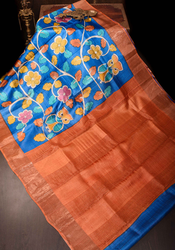 Blue Jari Tussar Saree with Kalamkari Hand Painted Kalamakri Floral Design | SILK MARK CERTIFIED