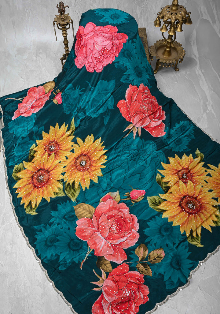 Prussian Blue Floral Digital Print on Glossy Chinon Saree with Sequins and Cutdana-Moti Scallop Border