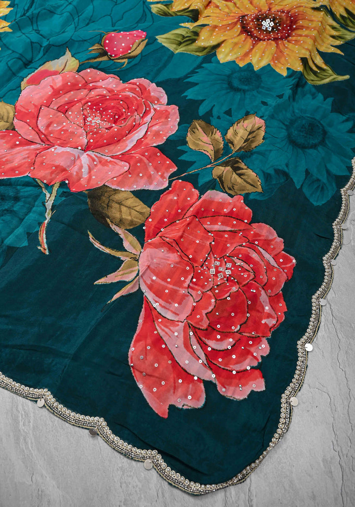 Prussian Blue Floral Digital Print on Glossy Chinon Saree with Sequins and Cutdana-Moti Scallop Border