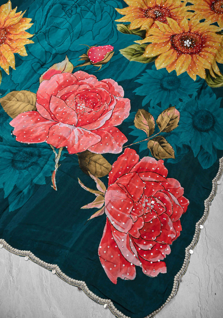 Prussian Blue Floral Digital Print on Glossy Chinon Saree with Sequins and Cutdana-Moti Scallop Border