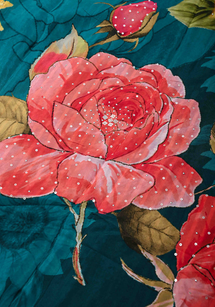 Prussian Blue Floral Digital Print on Glossy Chinon Saree with Sequins and Cutdana-Moti Scallop Border