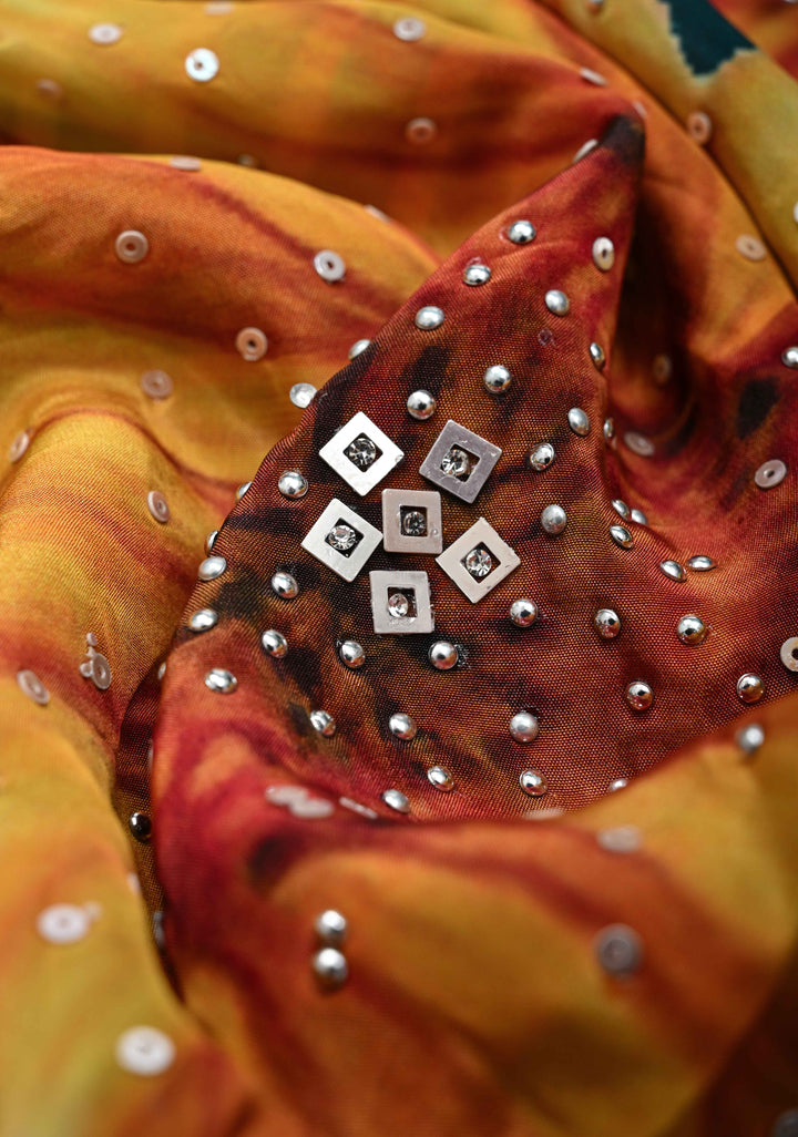 Prussian Blue Floral Digital Print on Glossy Chinon Saree with Sequins and Cutdana-Moti Scallop Border