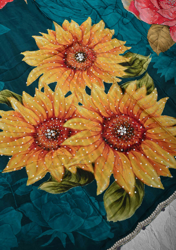 Prussian Blue Floral Digital Print on Glossy Chinon Saree with Sequins and Cutdana-Moti Scallop Border