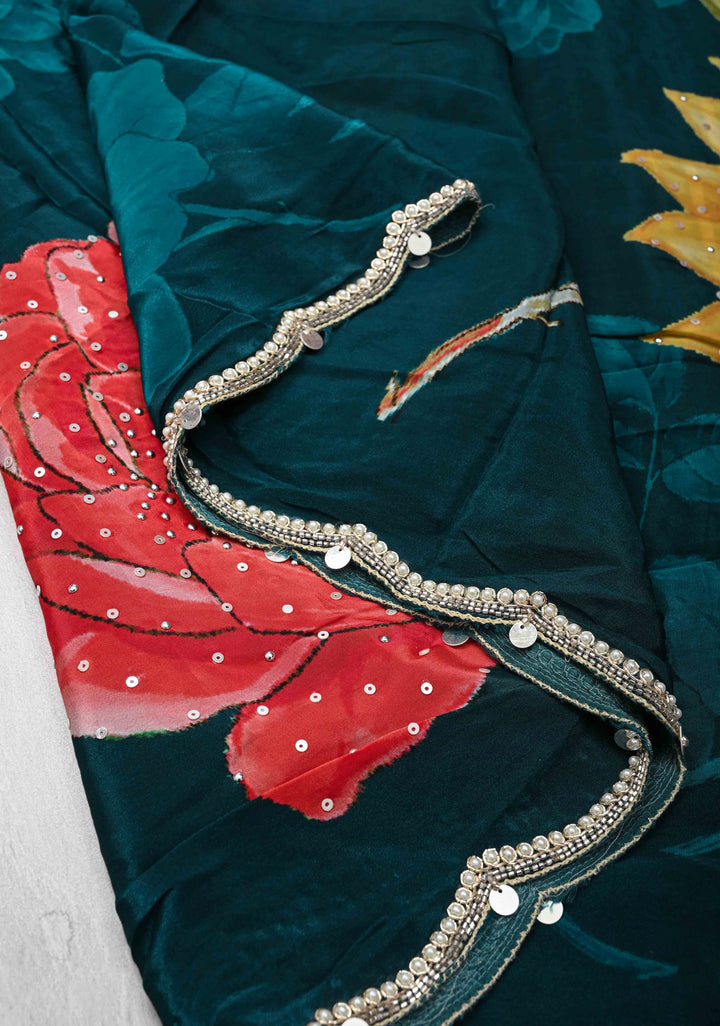 Prussian Blue Floral Digital Print on Glossy Chinon Saree with Sequins and Cutdana-Moti Scallop Border