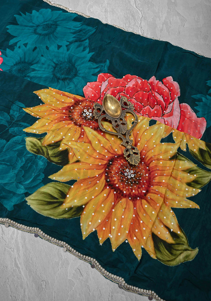 Prussian Blue Floral Digital Print on Glossy Chinon Saree with Sequins and Cutdana-Moti Scallop Border