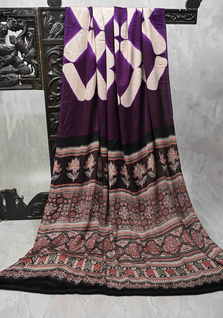 Purple Modal Silk Saree with Clamp Dye and Ajrakh Screen Print Pallu