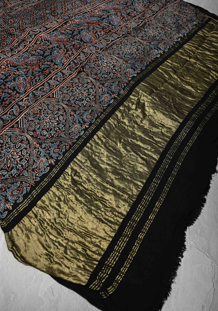 Bottle Green Modal Silk Saree in Bandhni Ajrakh Fusion with Crushed Pallu