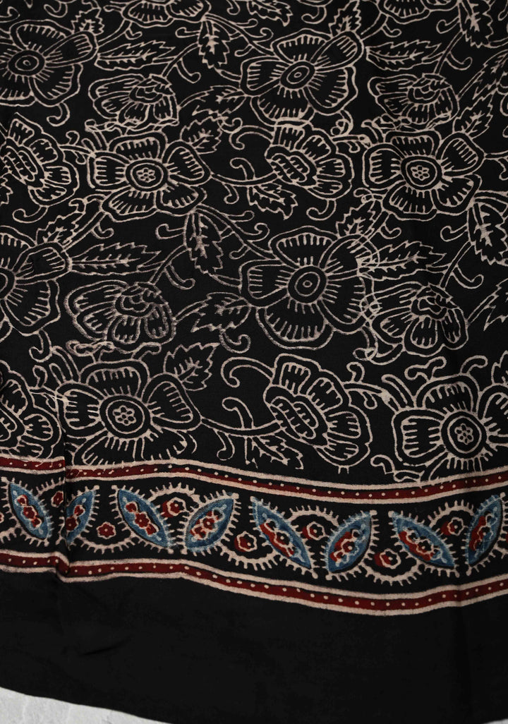 Bottle Green Modal Silk Saree in Bandhni Ajrakh Fusion with Crushed Pallu