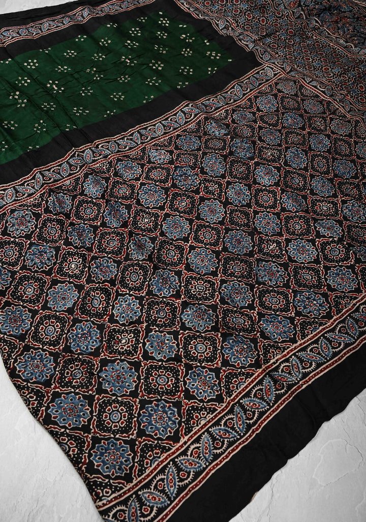 Bottle Green Modal Silk Saree in Bandhni Ajrakh Fusion with Crushed Pallu