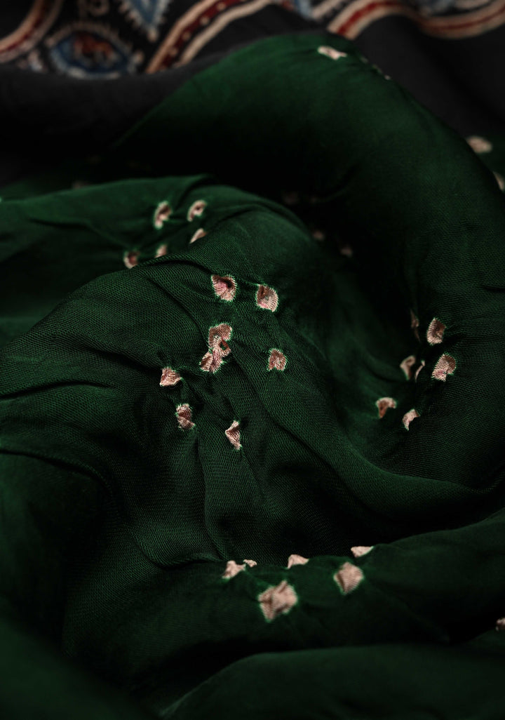 Bottle Green Modal Silk Saree in Bandhni Ajrakh Fusion with Crushed Pallu