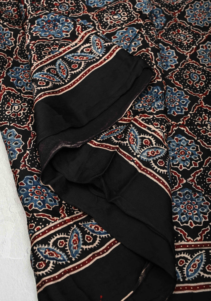 Bottle Green Modal Silk Saree in Bandhni Ajrakh Fusion with Crushed Pallu