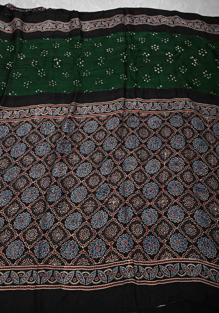 Bottle Green Modal Silk Saree in Bandhni Ajrakh Fusion with Crushed Pallu
