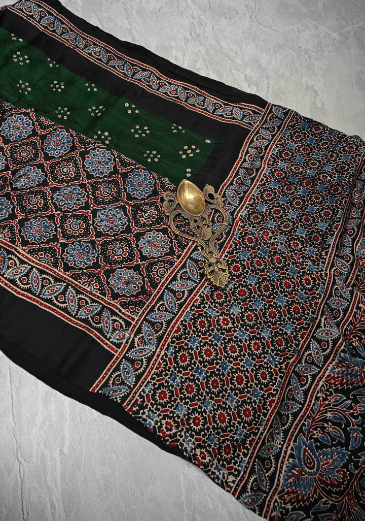 Bottle Green Modal Silk Saree in Bandhni Ajrakh Fusion with Crushed Pallu