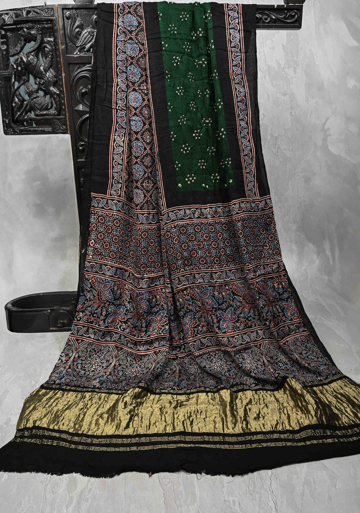 Bottle Green Modal Silk Saree in Bandhni Ajrakh Fusion with Crushed Pallu