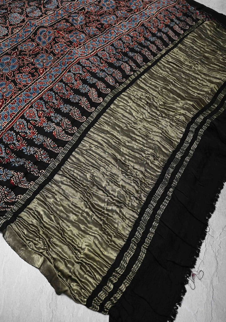 Navy Blue Modal Silk Saree in Bandhni Ajrakh Fusion with Crushed Pallu