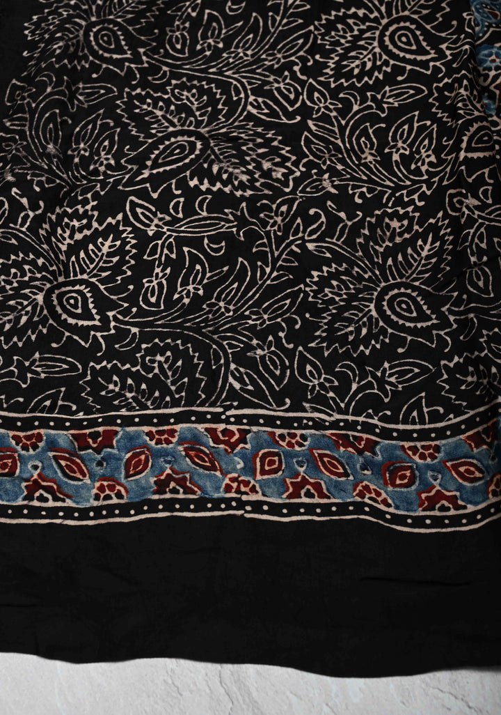 Navy Blue Modal Silk Saree in Bandhni Ajrakh Fusion with Crushed Pallu