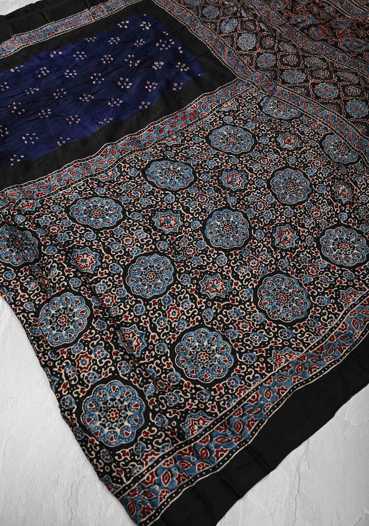 Navy Blue Modal Silk Saree in Bandhni Ajrakh Fusion with Crushed Pallu