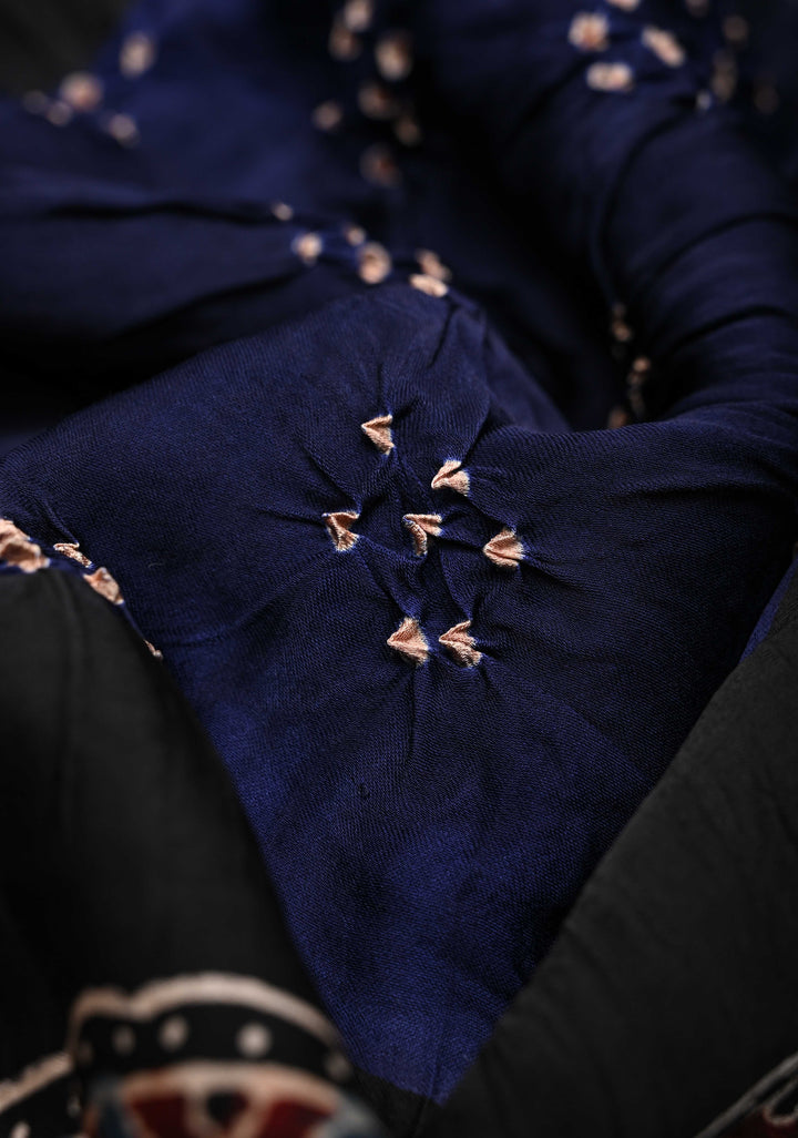 Navy Blue Modal Silk Saree in Bandhni Ajrakh Fusion with Crushed Pallu