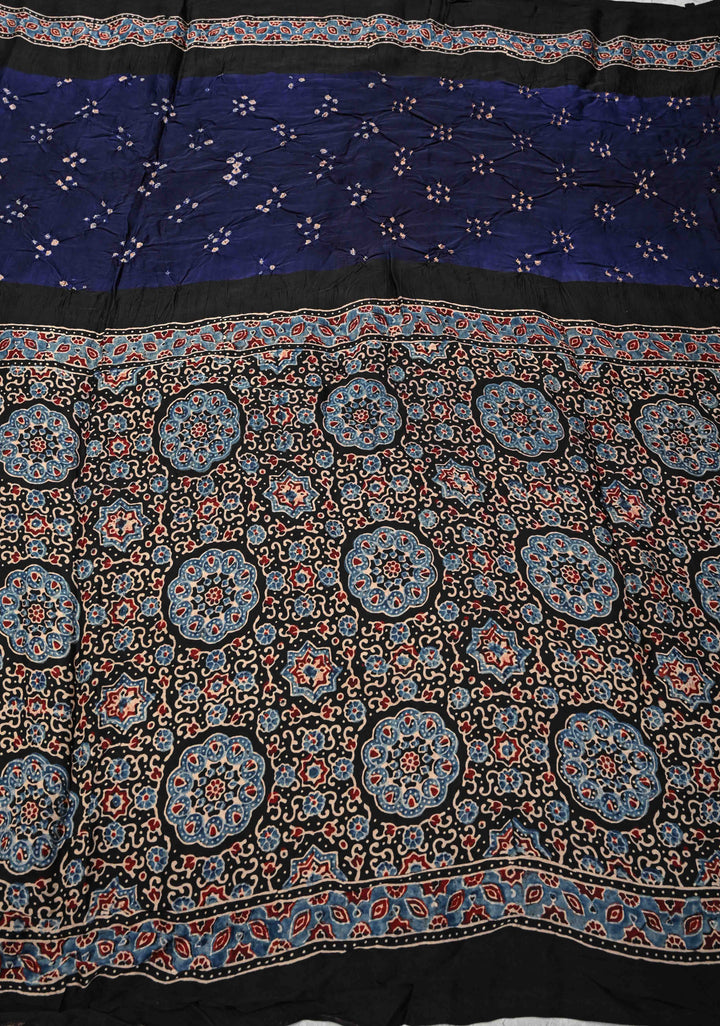 Navy Blue Modal Silk Saree in Bandhni Ajrakh Fusion with Crushed Pallu