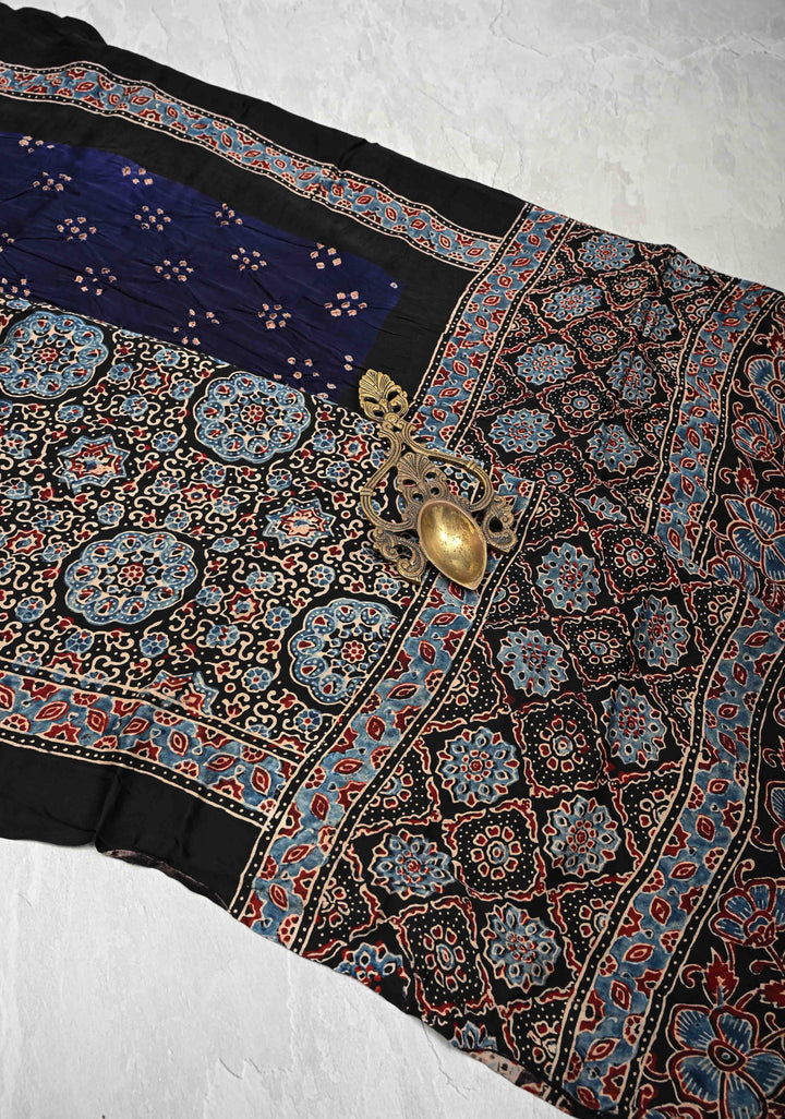 Navy Blue Modal Silk Saree in Bandhni Ajrakh Fusion with Crushed Pallu