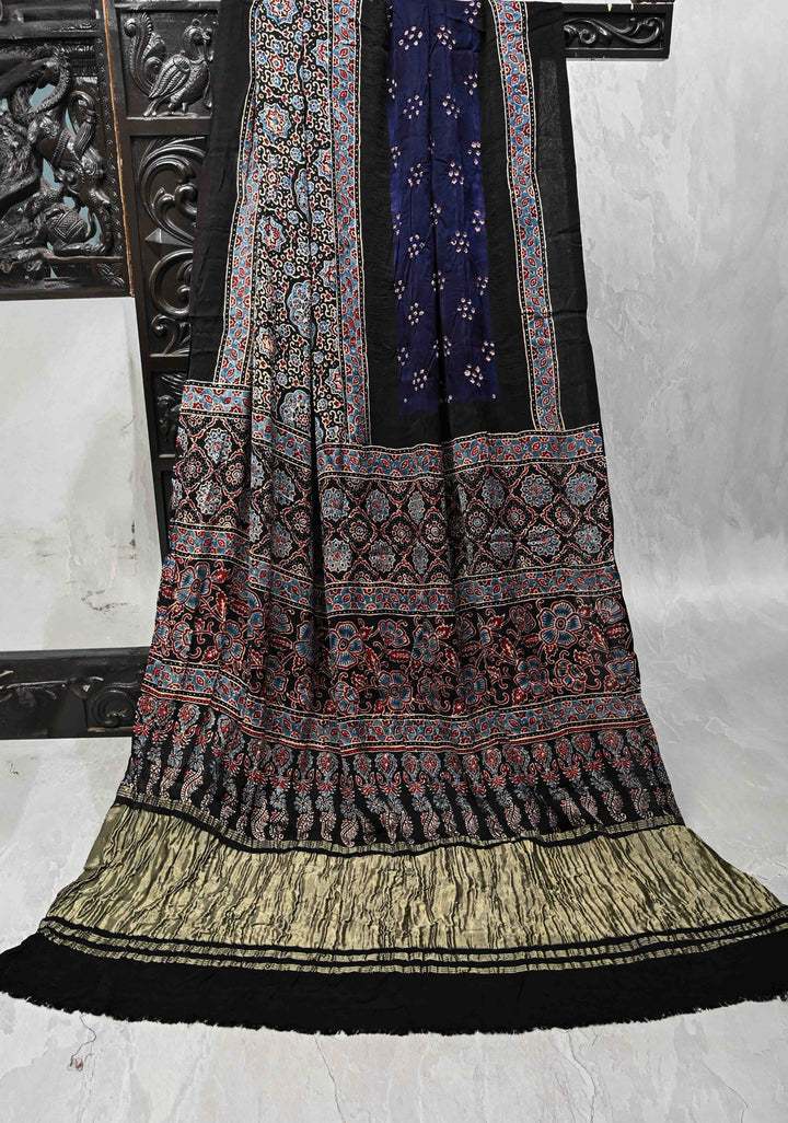 Navy Blue Modal Silk Saree in Bandhni Ajrakh Fusion with Crushed Pallu