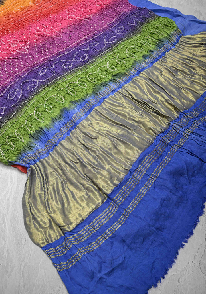 Dark Periwinkle Hand Shibori Mandala Dye and Bandhej Design on Modal Silk Saree with Satharangi  Pallu