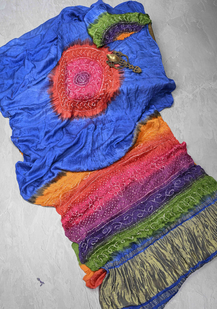 Dark Periwinkle Hand Shibori Mandala Dye and Bandhej Design on Modal Silk Saree with Satharangi  Pallu