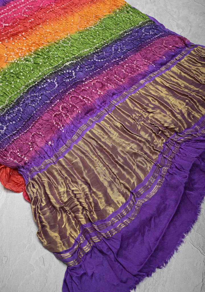 Purple Hand Shibori Mandala Dye and Bandhej Design on Modal Silk Saree with crushed Pallu