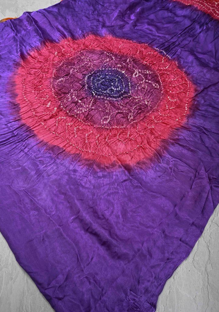 Purple Hand Shibori Mandala Dye and Bandhej Design on Modal Silk Saree with crushed Pallu