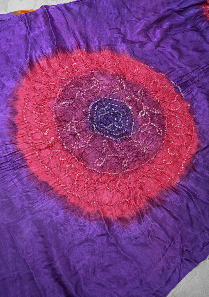 Purple Hand Shibori Mandala Dye and Bandhej Design on Modal Silk Saree with crushed Pallu