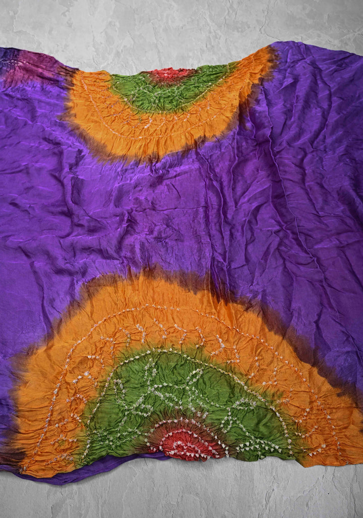 Purple Hand Shibori Mandala Dye and Bandhej Design on Modal Silk Saree with crushed Pallu