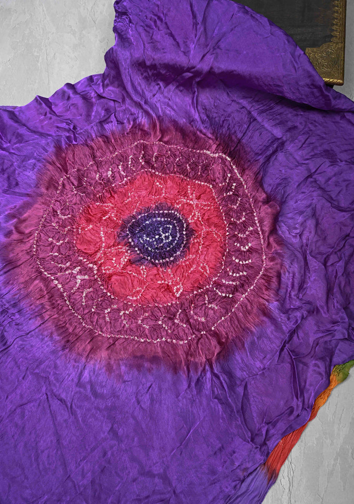Purple Hand Shibori Mandala Dye and Bandhej Design on Modal Silk Saree with crushed Pallu