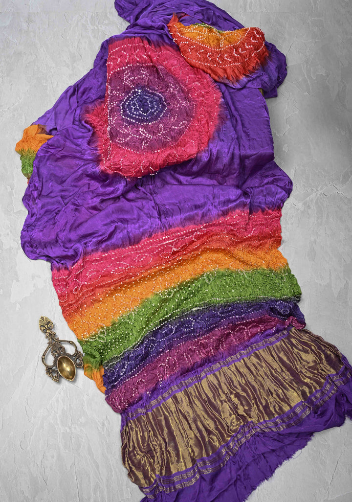 Purple Hand Shibori Mandala Dye and Bandhej Design on Modal Silk Saree with crushed Pallu