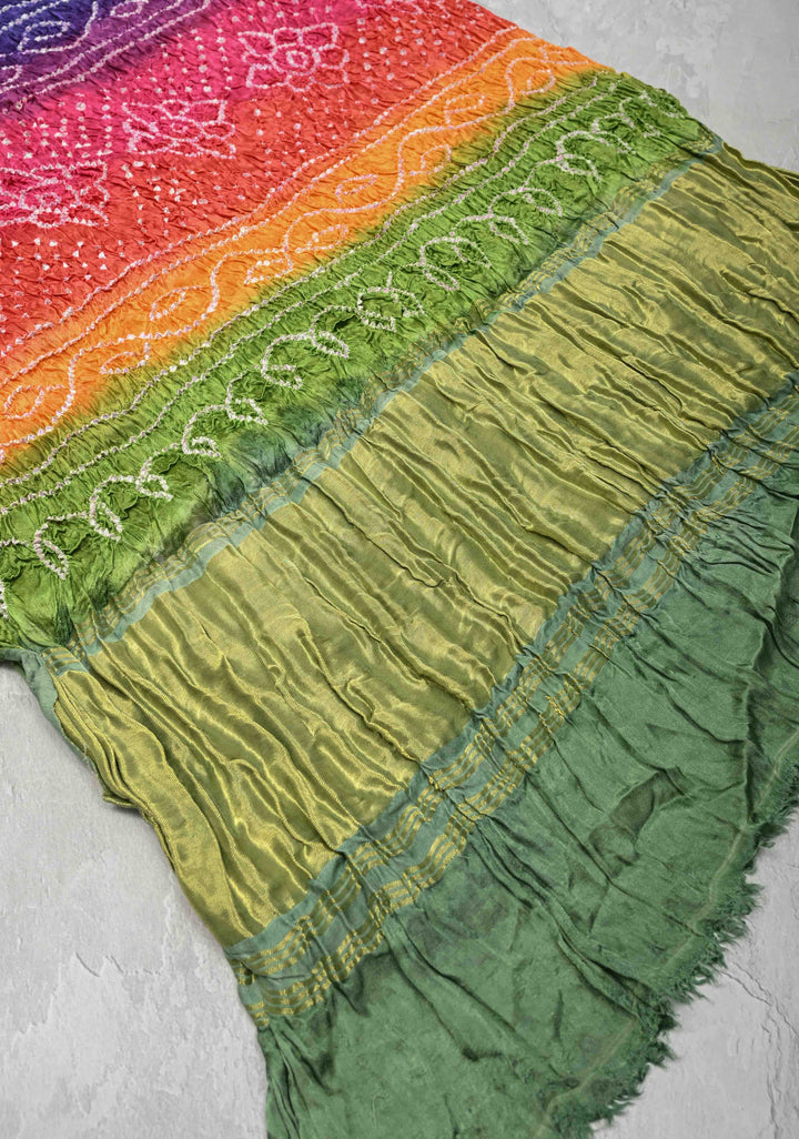 Green Hand Shibori Dye and Bandhej Design on Modal Silk Saree with Satharangi Pallu