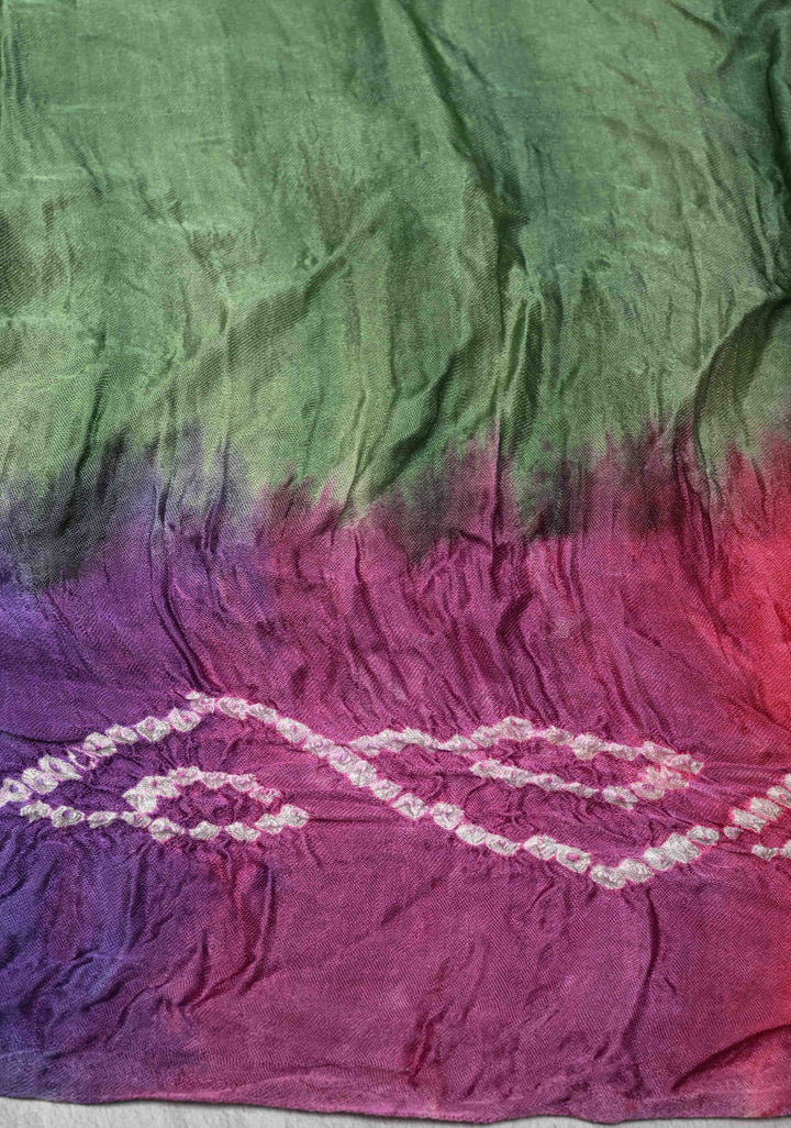 Green Hand Shibori Dye and Bandhej Design on Modal Silk Saree with Satharangi Pallu