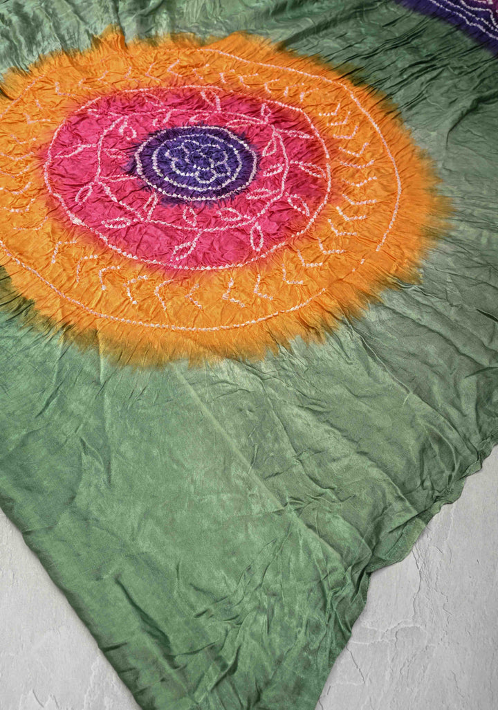 Green Hand Shibori Dye and Bandhej Design on Modal Silk Saree with Satharangi Pallu