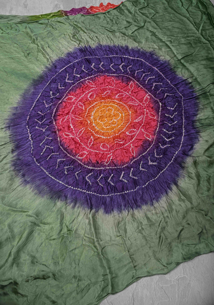 Green Hand Shibori Dye and Bandhej Design on Modal Silk Saree with Satharangi Pallu