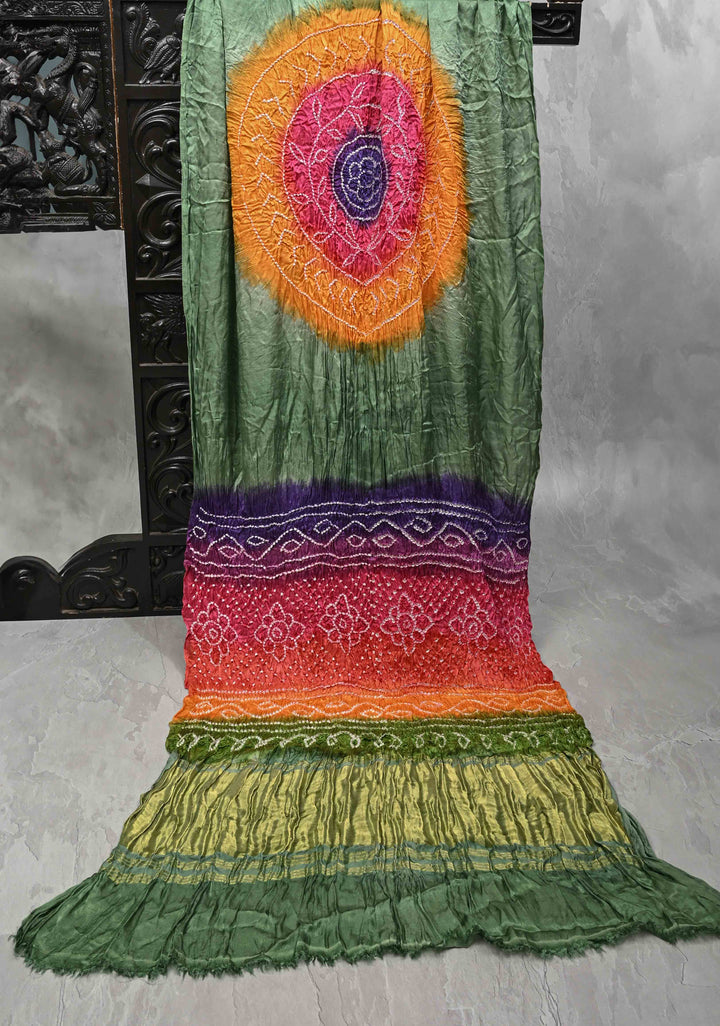 Green Hand Shibori Dye and Bandhej Design on Modal Silk Saree with Satharangi Pallu